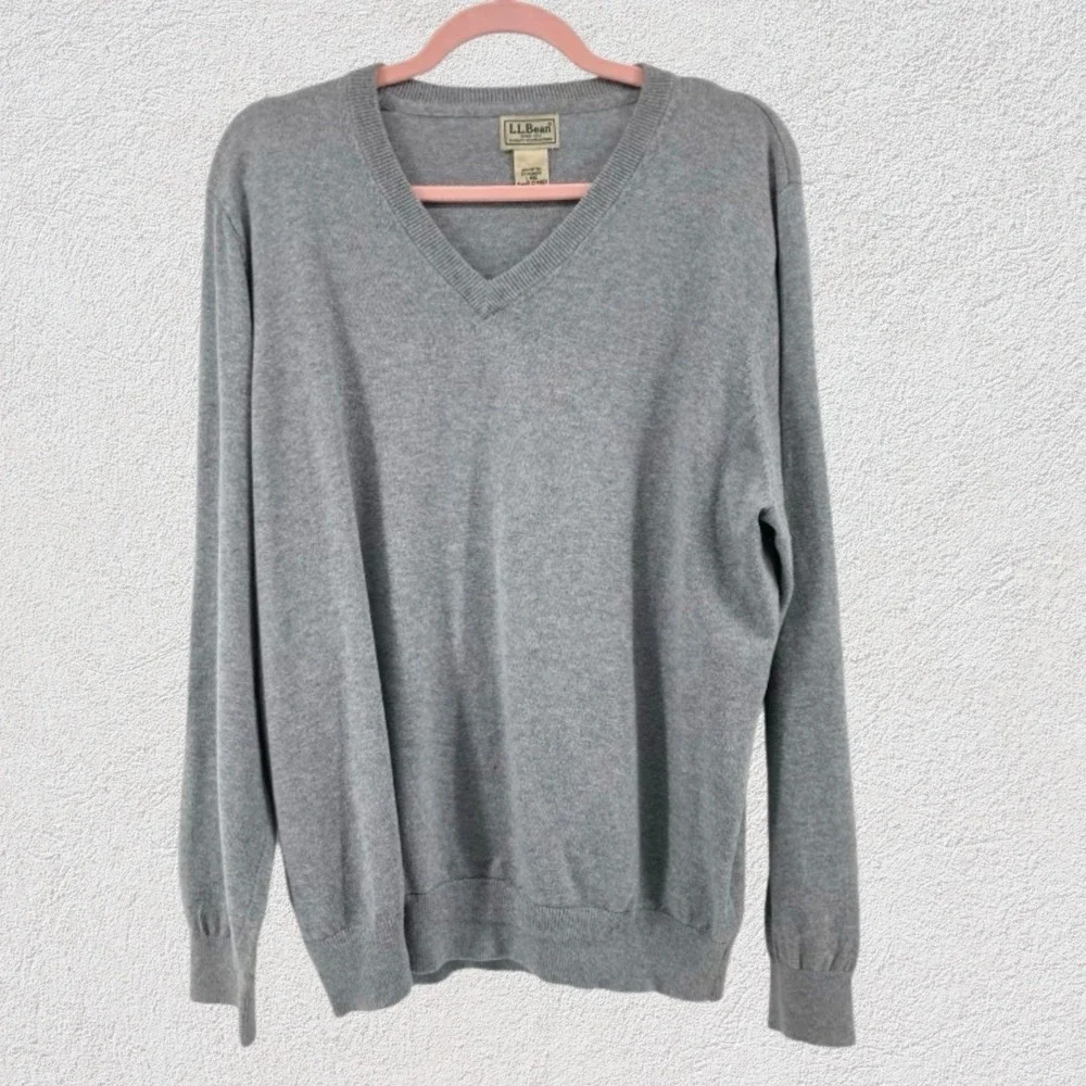 L.L. Bean Wicked Soft Cotton Cashmere V Neck Sweater Men L Grey Minimalist 27463